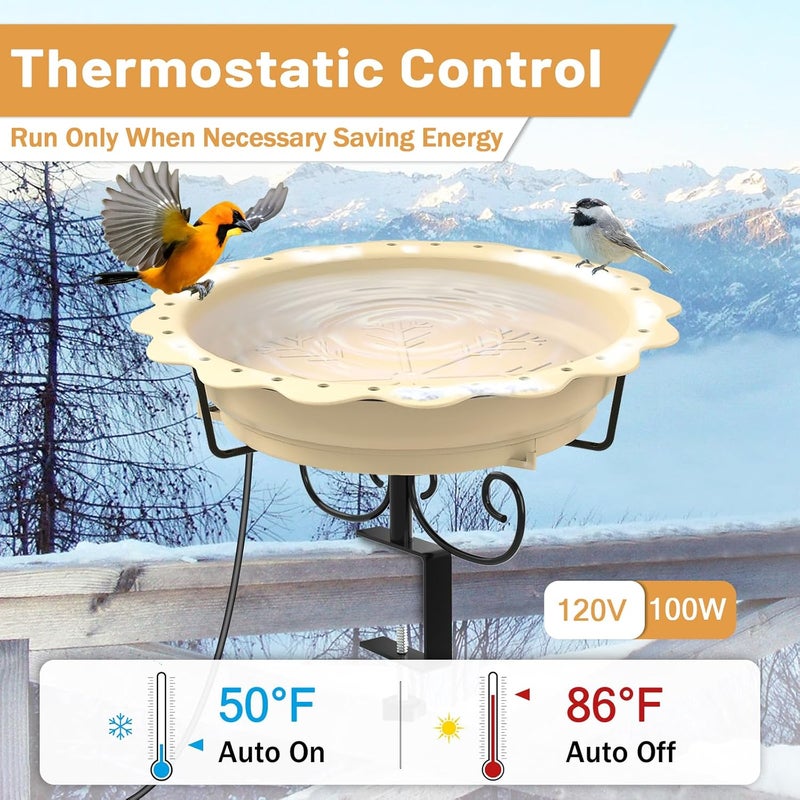 We-buys Heated Bird Baths for Outdoors, 100W Heated Bird Bath for Deck Railing, Heated Birdbath with Thermostat Control, Heated Bird Bath for Outside Winter Garden Patio Yard (Yellow) - Image 3